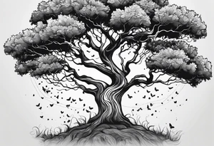 One line tattoo of oak tree with little gift at the bottom tattoo idea