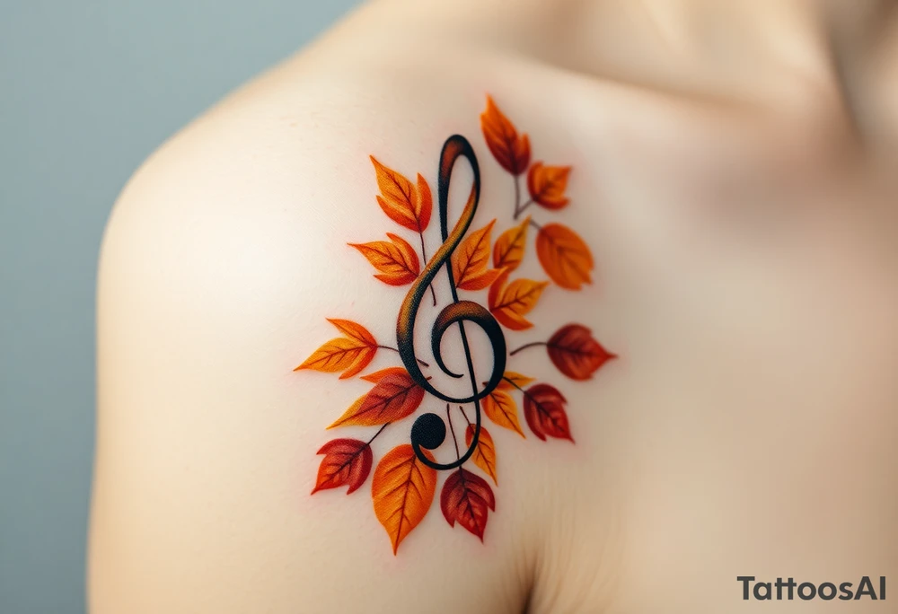 A treble clef surrounded by a cascade of falling autumn leaves, in shades of gold, orange, and deep burgundy, evoking a sense of change and movement tattoo idea