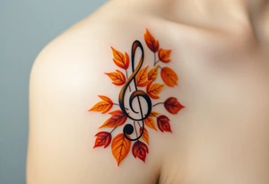 A treble clef surrounded by a cascade of falling autumn leaves, in shades of gold, orange, and deep burgundy, evoking a sense of change and movement tattoo idea