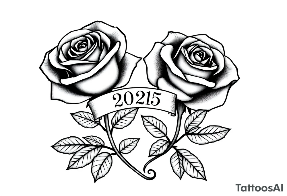 two beautiful large rose buds, one larger than the other, with many leaves next to the rose buds, with one sitting higher than the other. Include a banner connecting the two roses with the year "2025" on it.   Use dark outlines with little shading. The two stems should be short, not long, and connect and join into one stem, whimsically curved or twisted - not straight down. tattoo idea