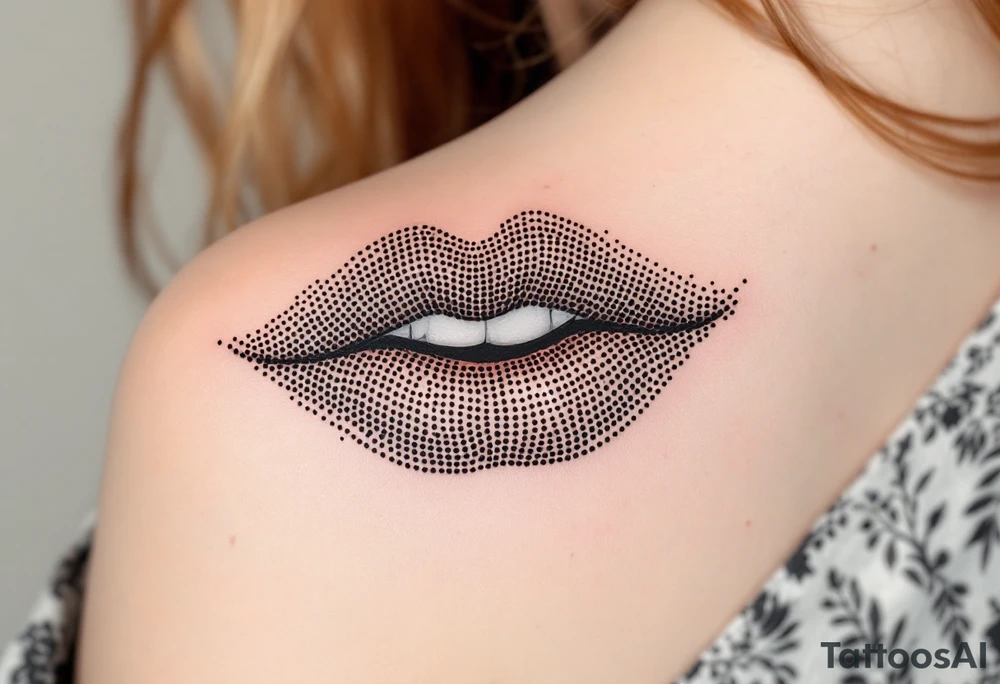 Dot-Work Kiss – A stippling-effect lip print, using only small dots to create shading and depth. tattoo idea