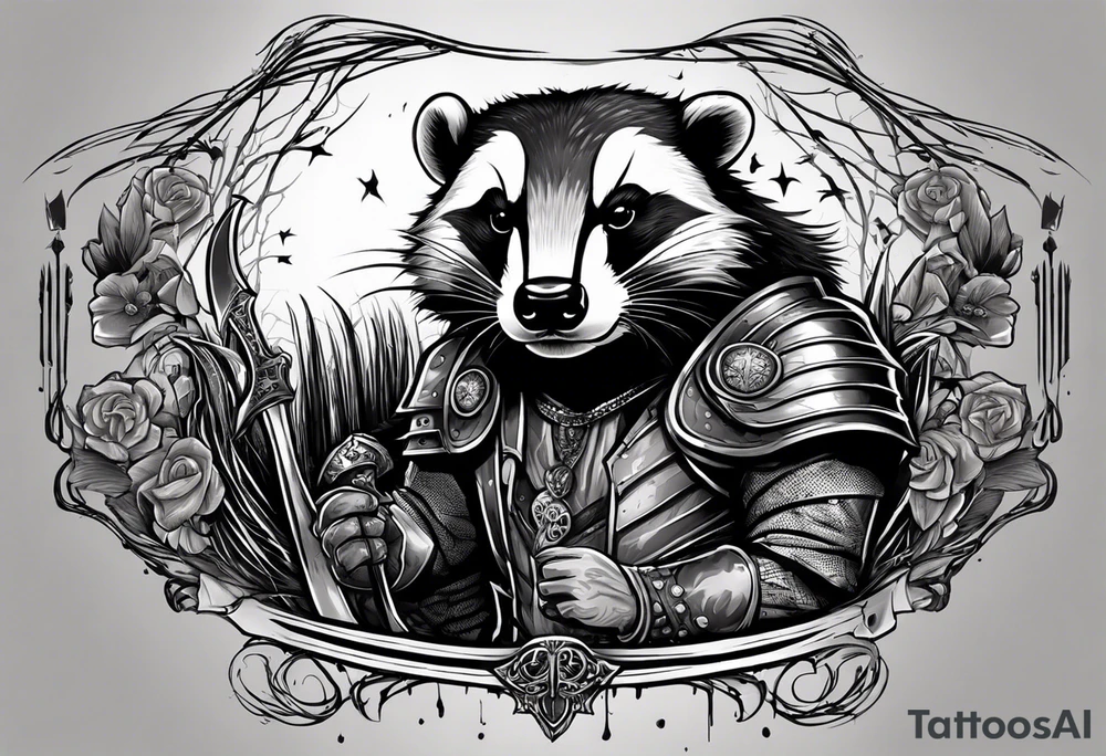 Draw me psychopath badger with aggressive full body, killer face with a smile, very long nails and he attacks like a Bloody Gladiator to enemy and also, he has very deadly looking. The only weapon is his braveness he fights with his nails. Everybody scares after their first sight. And horror type Badger this is with a full body. tattoo idea