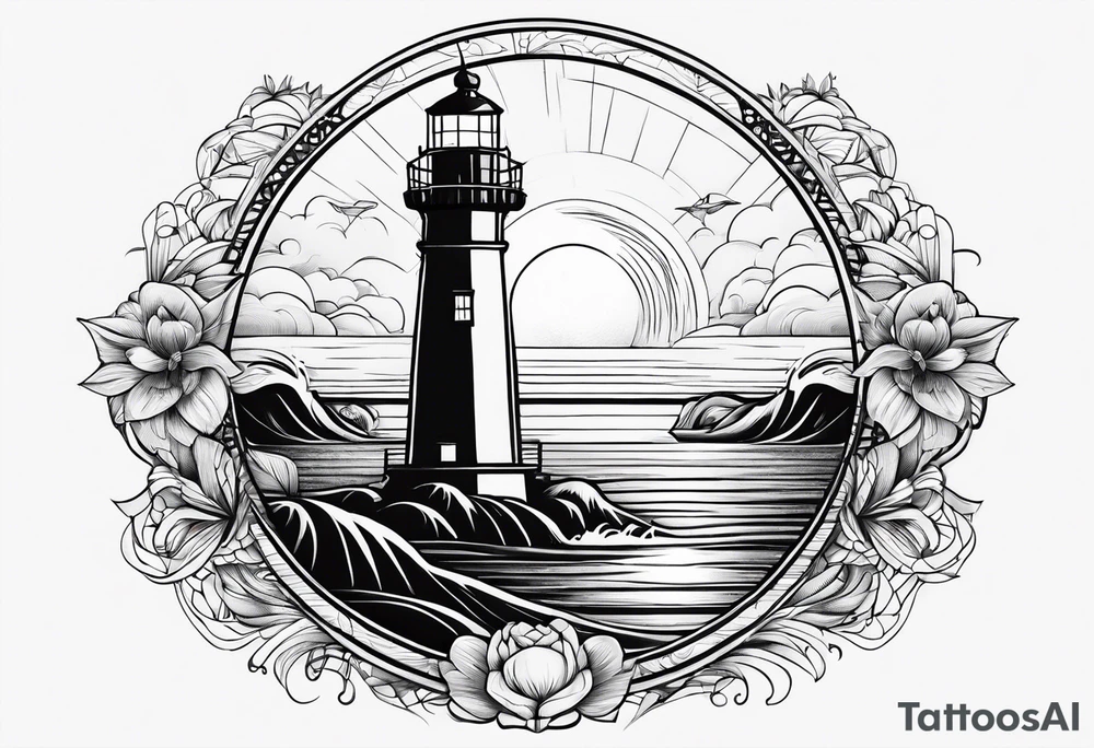 lighthouse  with a beach and sun and small boat tattoo idea