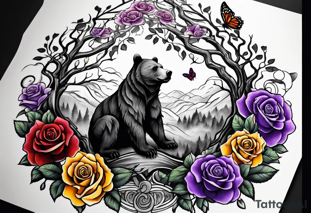 Bear under the tree of life with yellow, purple, and red colored roses and three butterflies for an upper arm tattoo. tattoo idea