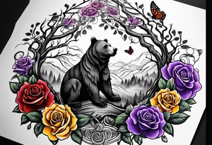 Bear under the tree of life with yellow, purple, and red colored roses and three butterflies for an upper arm tattoo. tattoo idea