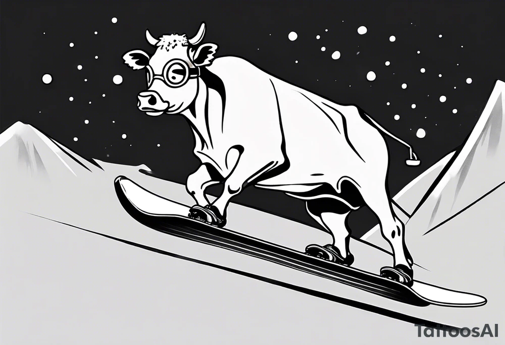 Create a minimalist and dynamic black and white tattoo design featuring a cheerful cow engaged in a snowboarding activity, wearing goggles. Emphasize clean lines and essential details to capture the playful spirit of the scene. The cow should be depicted confidently snowboarding down a snowy slope, with a sense of balance and joy, and wearing stylish goggles. Pay attention to the composition, ensuring that the tattoo design is suitable for a small to medium-sized space. The goal is to convey a lighthearted and whimsical vibe with the addition of the goggles, making the design visually appealing and suitable for tattooing. tattoo idea