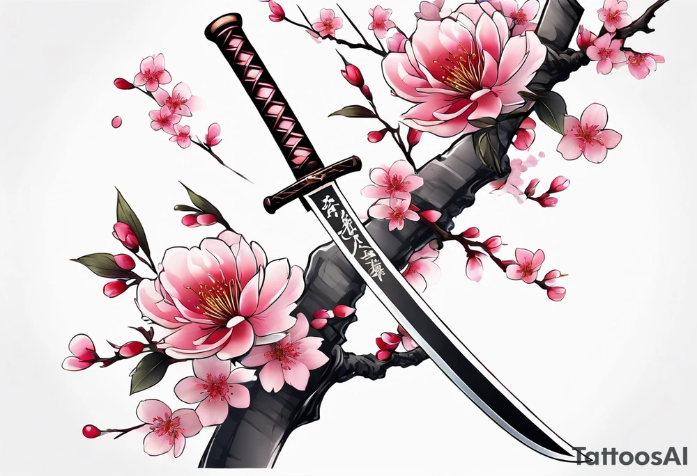 Katana vertical with cherry blossoms and shadow kanji tattoo idea