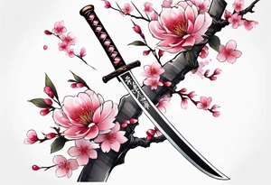 Katana vertical with cherry blossoms and shadow kanji tattoo idea