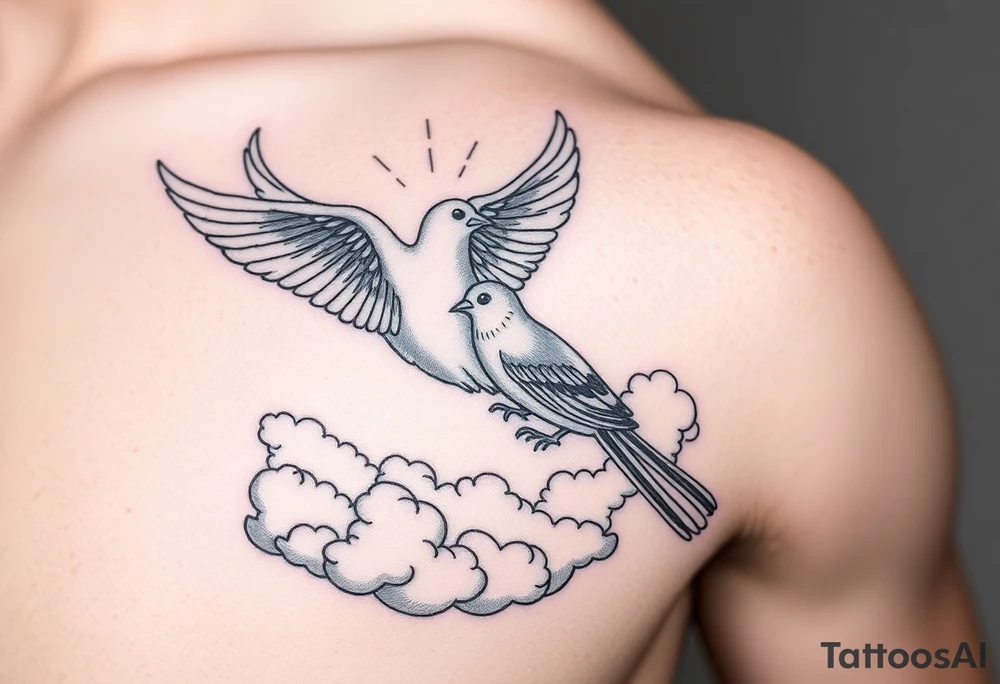 Dove and a blue jay, clouds, shining light to or from heaven tattoo idea