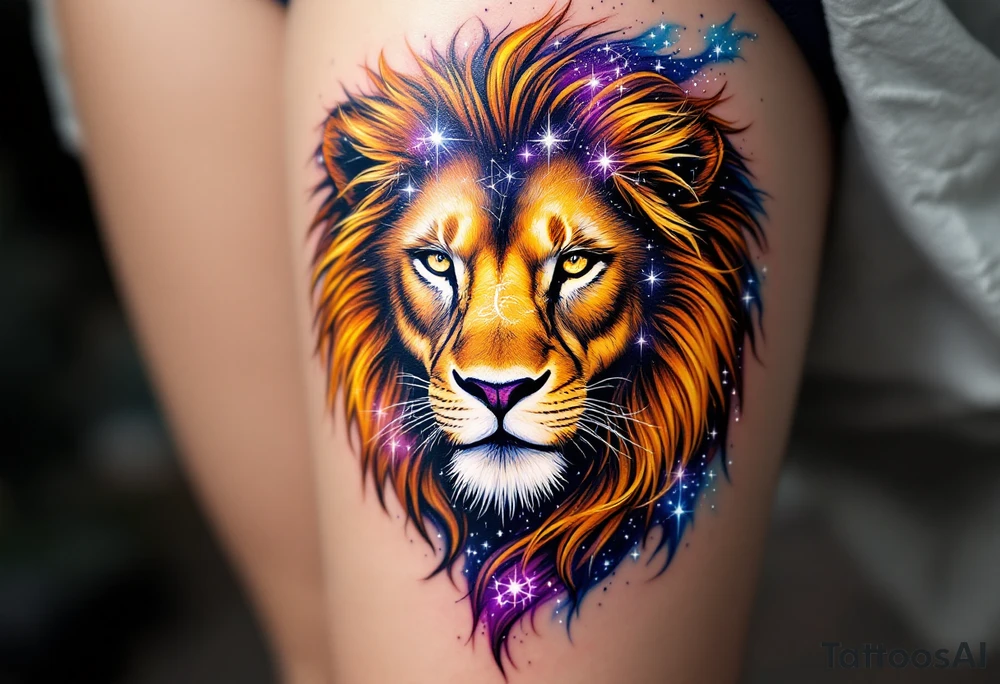 A Leo zodiac symbol and star constellation rests between the eyes of a golden lion whose mane dissolves into a trail of starlit purple and blue. tattoo idea