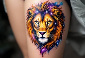 A Leo zodiac symbol and star constellation rests between the eyes of a golden lion whose mane dissolves into a trail of starlit purple and blue. tattoo idea