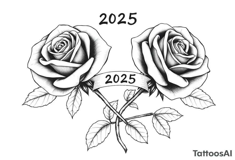 two big beautiful rose buds with leaves and separated by their cascading, intertwined stems joining as one. Add a small banner with the year "2025" on it, tying them together.  Add the following word "Rose" written in Kanji above the drawing.  Make the drawing darker tattoo idea