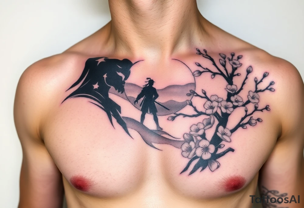 noble warrior silhouette at sunset with cherry blossoms tattoo idea