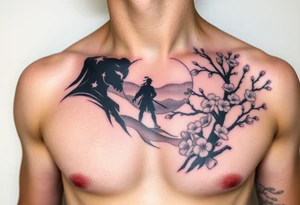 noble warrior silhouette at sunset with cherry blossoms tattoo idea