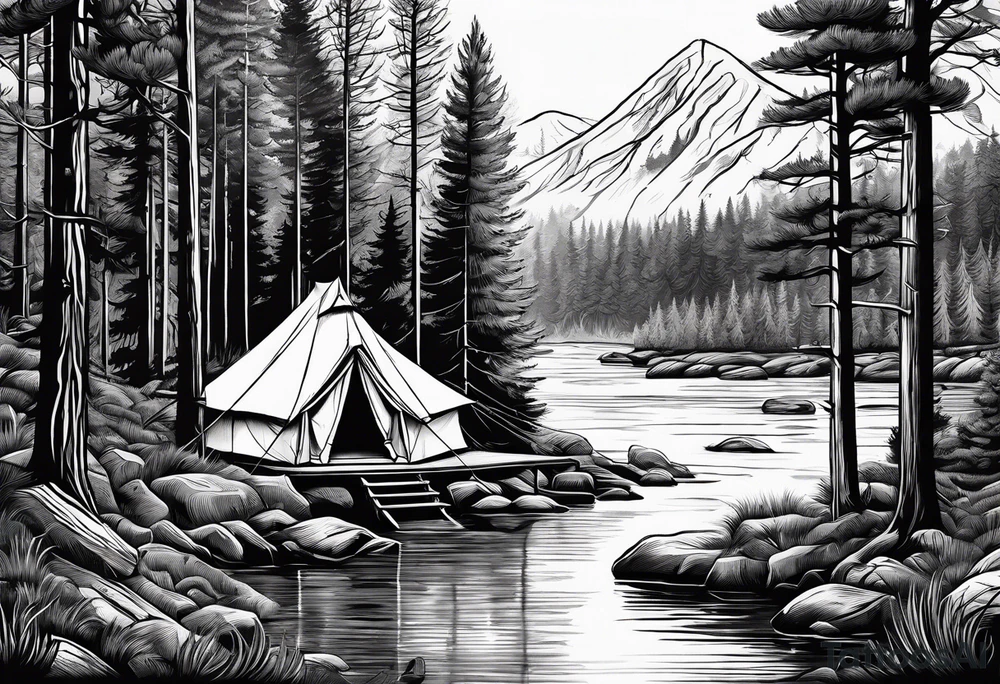 Pine forest with a river, a small tent with a campfire tattoo idea