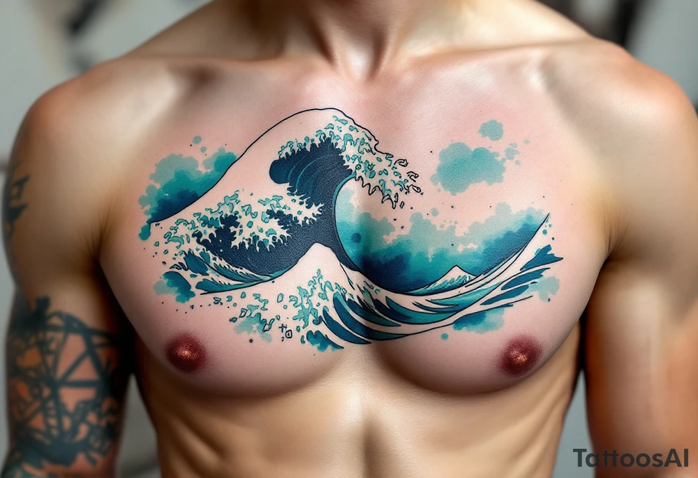 A wave outlined in black ink breaks across a background of soft teal watercolor. tattoo idea