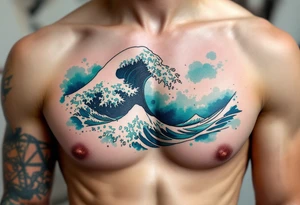 A wave outlined in black ink breaks across a background of soft teal watercolor. tattoo idea
