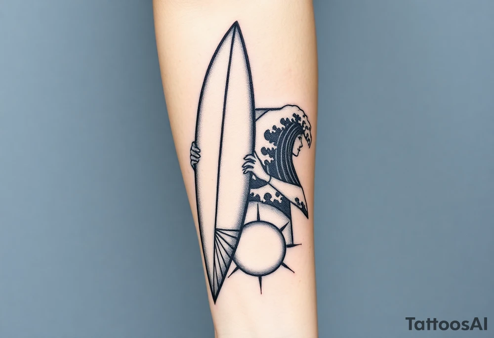 New school geometrical concept tattoo with the girl holding surfboard in a vertical position her face is turned 60 degrees to out side, the bottom part of a body is showed, on the right side of a tattoo is the realistic wave closed in a frame. And the bottom of a taro is a palenesiab sun. Link the objects based on new school geometry tattoos. tattoo idea