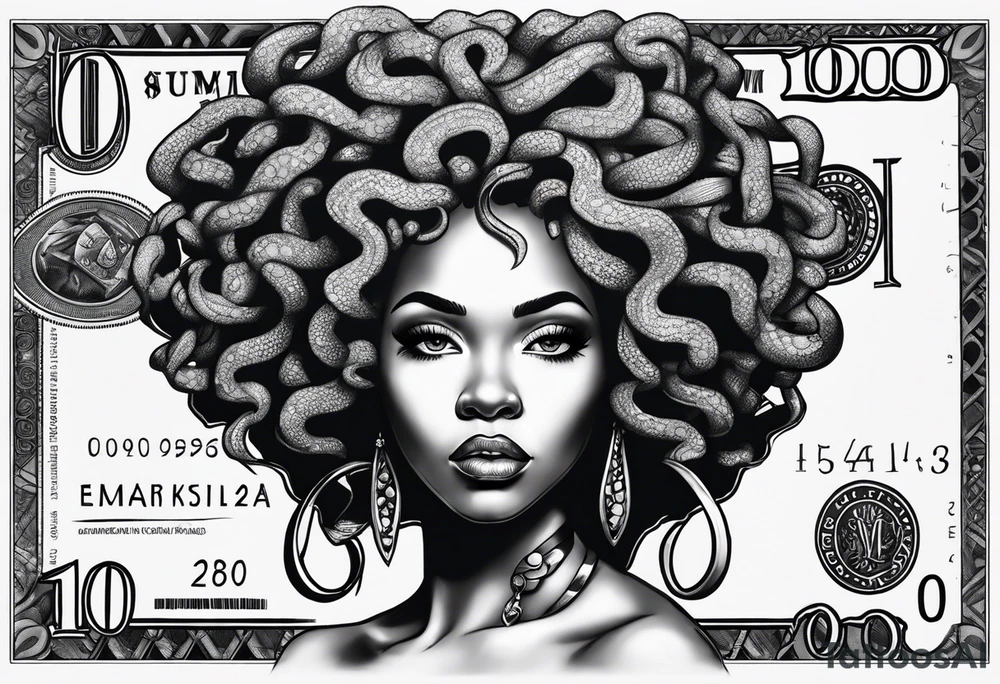 African medusa with money tattoo idea