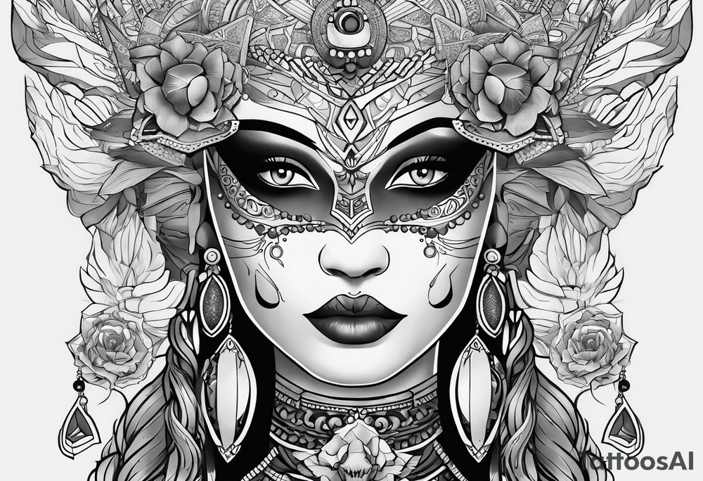 kali ma, alien goddess, valkrye, pirate, divine feminine, zenza resonance, pachamama, lotus azul, blank panther, eagle, skull, 5D, nueva gaya, dna 12 tattoo idea