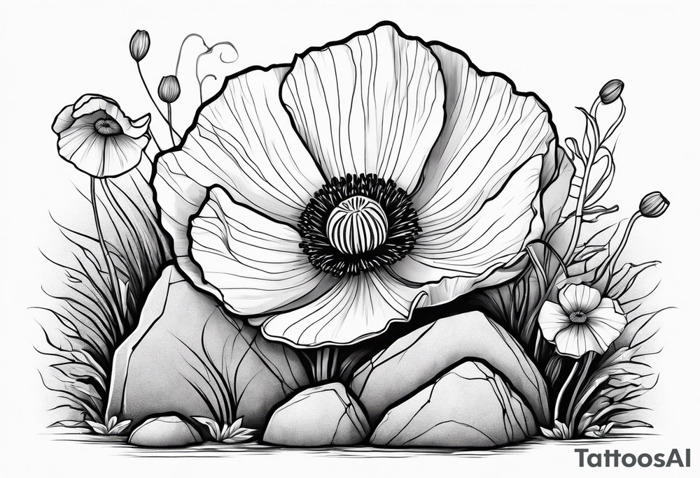 poppy growing out of boulder with roots enveloping rock in love tattoo idea