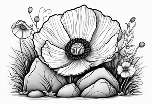 poppy growing out of boulder with roots enveloping rock in love tattoo idea