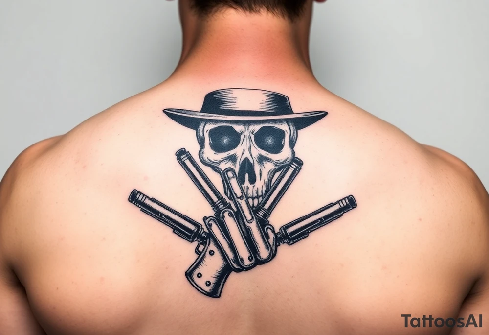 voodoo skull, top hat, dead mans card hand, six guns tattoo idea