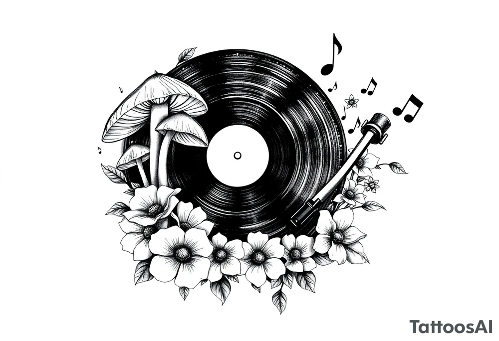 black and white vinyl record player with mushrooms, flowers, and music notes around it tattoo idea