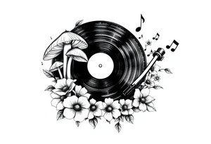 black and white vinyl record player with mushrooms, flowers, and music notes around it tattoo idea
