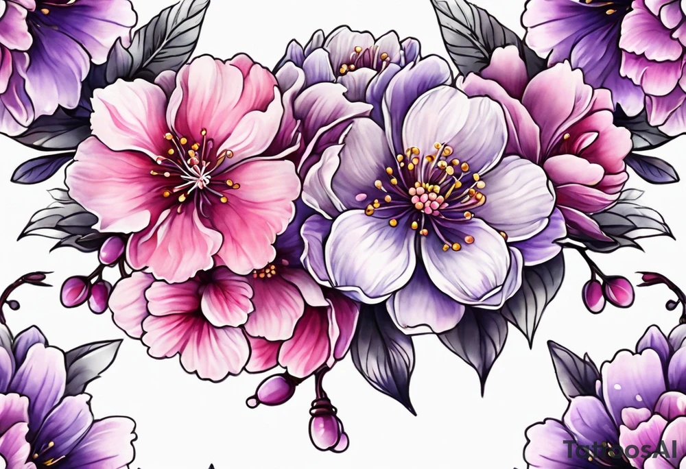 Flower crown pink and purple cherry blossoms huge tattoo idea
