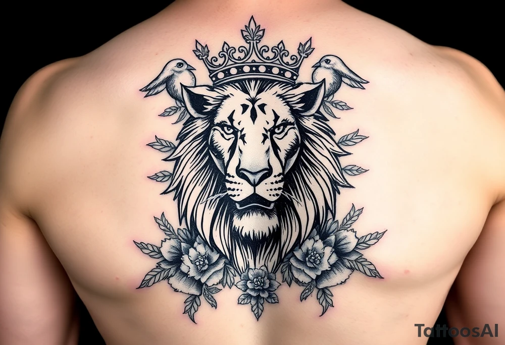 powerful majestic lion with a crown, surrounded by floral ornaments and birds tattoo idea
