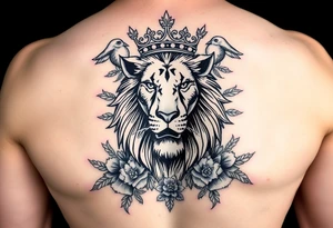 powerful majestic lion with a crown, surrounded by floral ornaments and birds tattoo idea