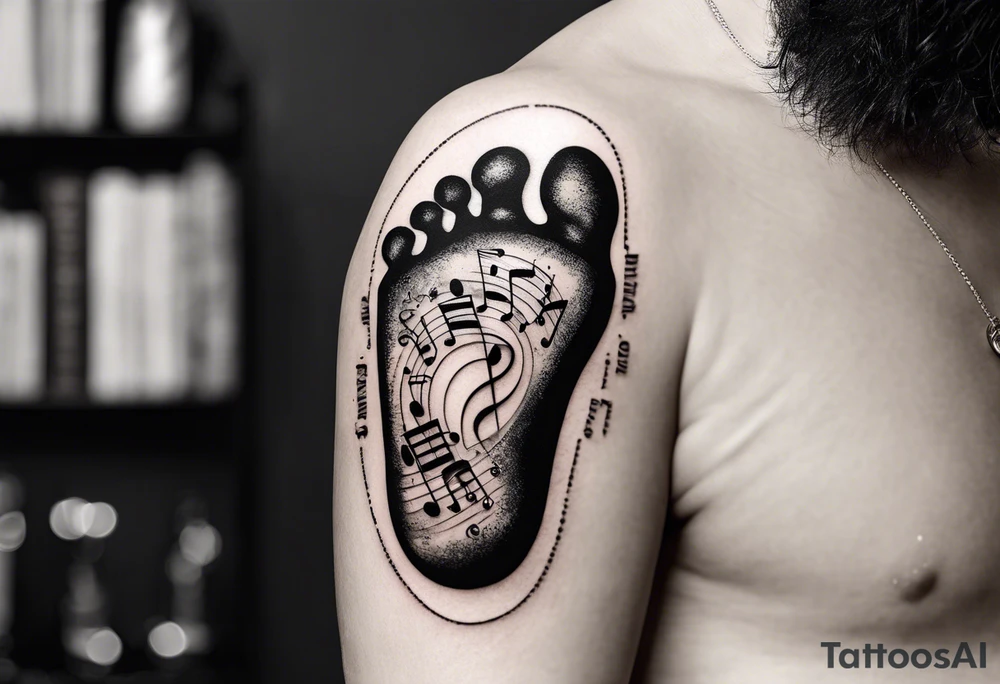 Baby footprint with child's birth information surrounded by music related iconograohy tattoo idea