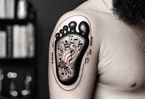 Baby footprint with child's birth information surrounded by music related iconograohy tattoo idea