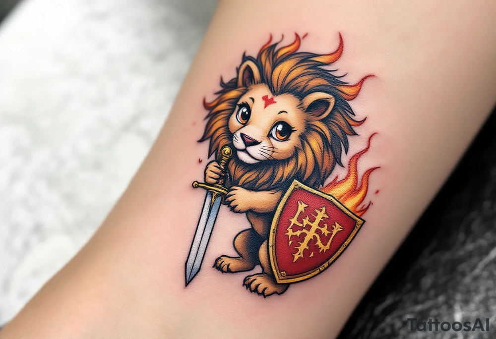 A Czech lion holding a golden sword in one paw and a shield with the national emblem in the other, surrounded by medieval-style flames. tattoo idea