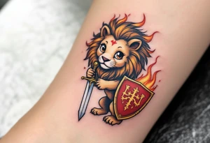 A Czech lion holding a golden sword in one paw and a shield with the national emblem in the other, surrounded by medieval-style flames. tattoo idea