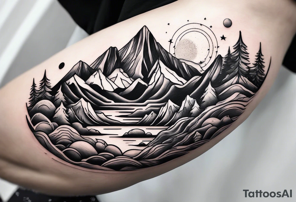 Mountains and planets in a line tattoo idea