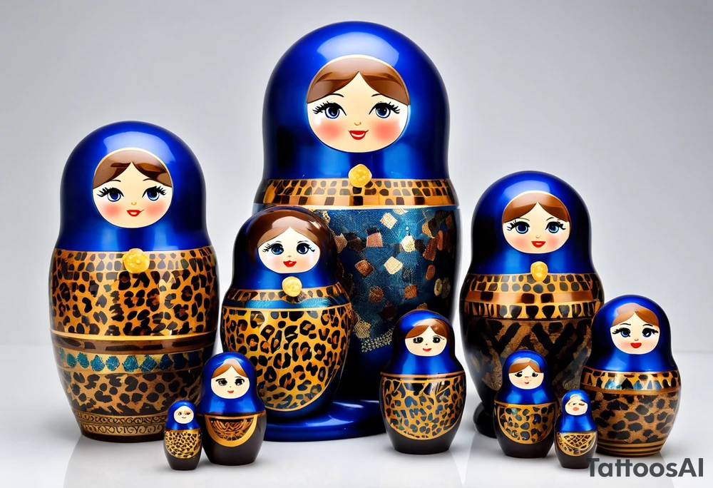 Matryoshka doll family. Each doll is designed based on this description. Father (biggest doll) has full beard, blue eyes, short brown hair, loves LA Dodgers. Mother (second biggest doll) has blonde bob, blue eyes, thick rimmed black glasses, loves leopard print. Son is 4 years old, blue eyes, blonde spiky hair, loves Paw Patrol. Daughter is 2 years old, blue eyes, long eyelashes, short light brown bob, loves Bluey. tattoo idea