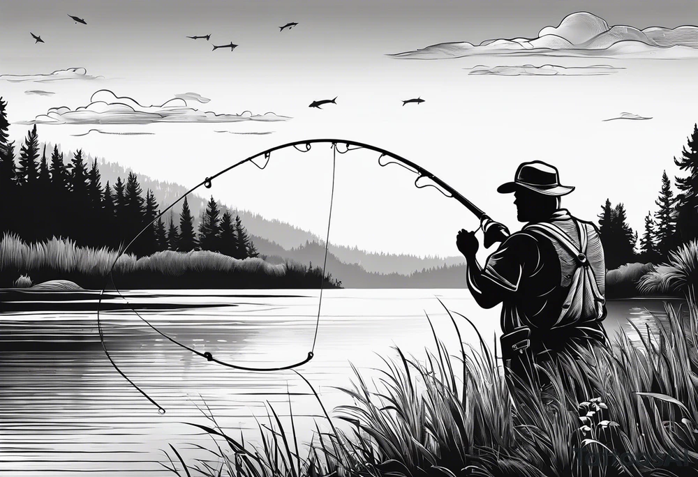 Fishing rod on a lake bank
do not put a fish in the picture fine line silhouette tattoo idea