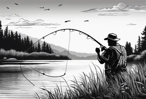 Fishing rod on a lake bank
do not put a fish in the picture fine line silhouette tattoo idea