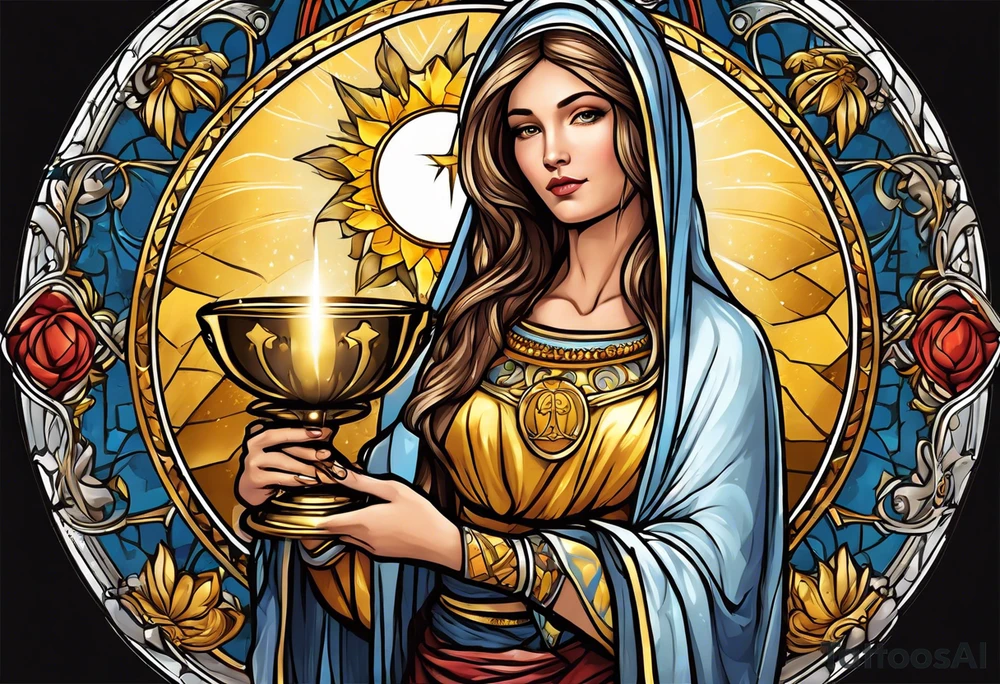 holy saint woman with golden halo holding a chalice tattoo idea