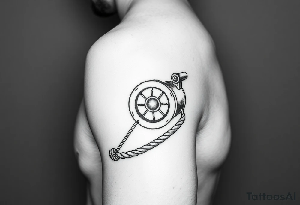 A sailboat winch located on forearm with a rope wrapped around it that leads to the wrist and the rope wraps around the wrist tattoo idea