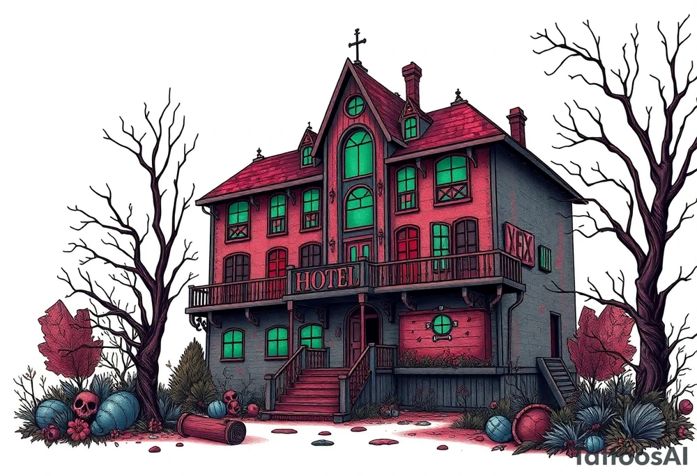 Tim Burton’s sex hotel from outside viewis abandoned and dripping with muted reds, dusty pinks, and eerie green glow. tattoo idea tattoo idea