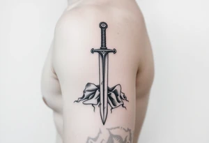 realistic sword in the ground on forearm tattoo idea