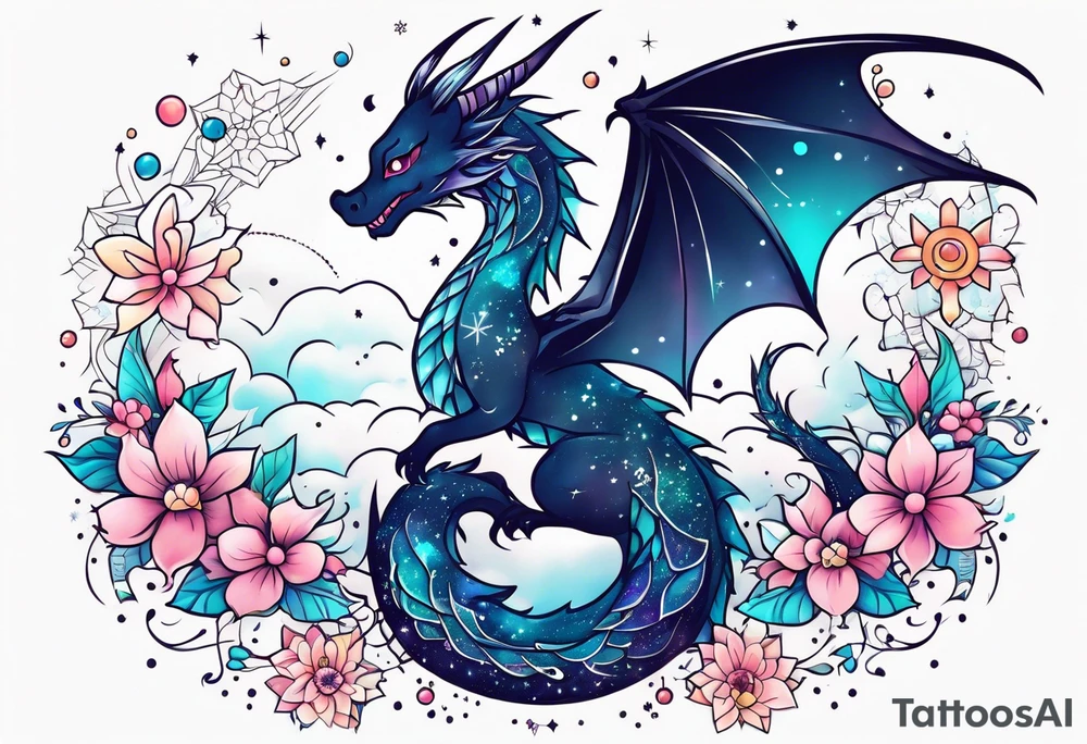 Constellation, kawaii dragon, snowflake tattoo idea