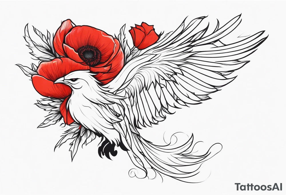 diving pheonix with long feathery tail holding red poppies tattoo idea
