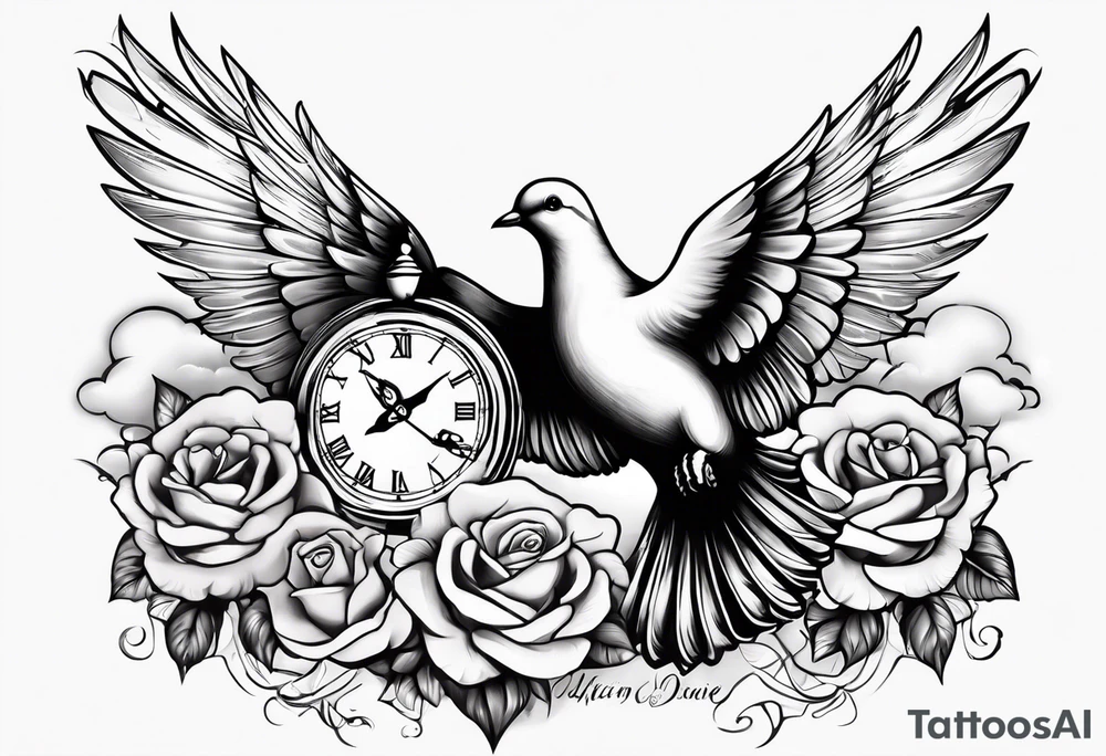 Dove with a clock and rose in clouds tattoo idea