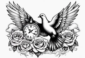 Dove with a clock and rose in clouds tattoo idea