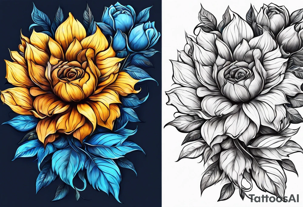 flower rose and blue, sunflower, tattoo idea