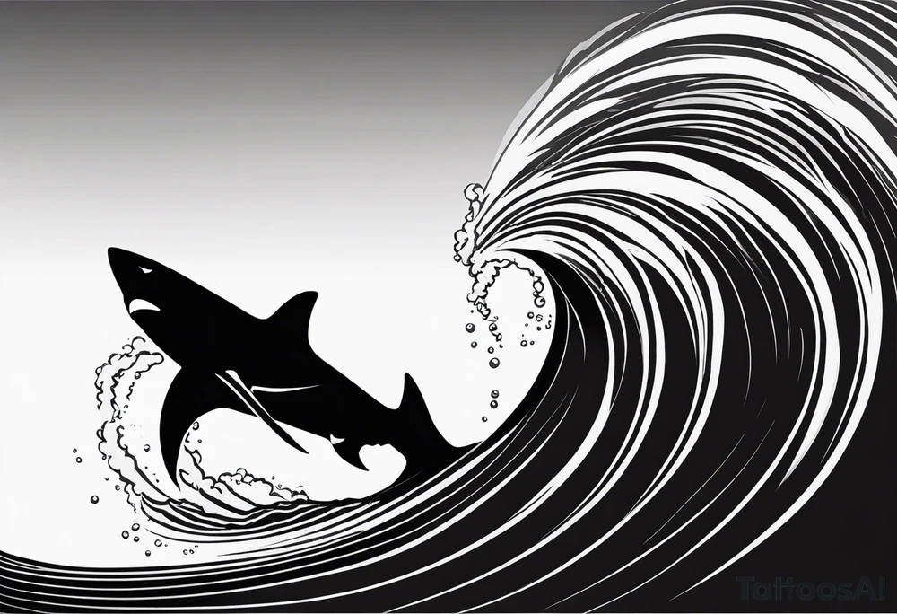 Black and white silhouette illustration of a massive shark tail sticking up through the sea. The shark is swimming near the surface, creating a large wave. The tail is bold and dramatic, with sharp, clean lines to emphasize its size and power. The background features a serene sky with a few simple cloud shapes, providing a calm contrast to the intensity of the shark's presence in the water. tattoo idea